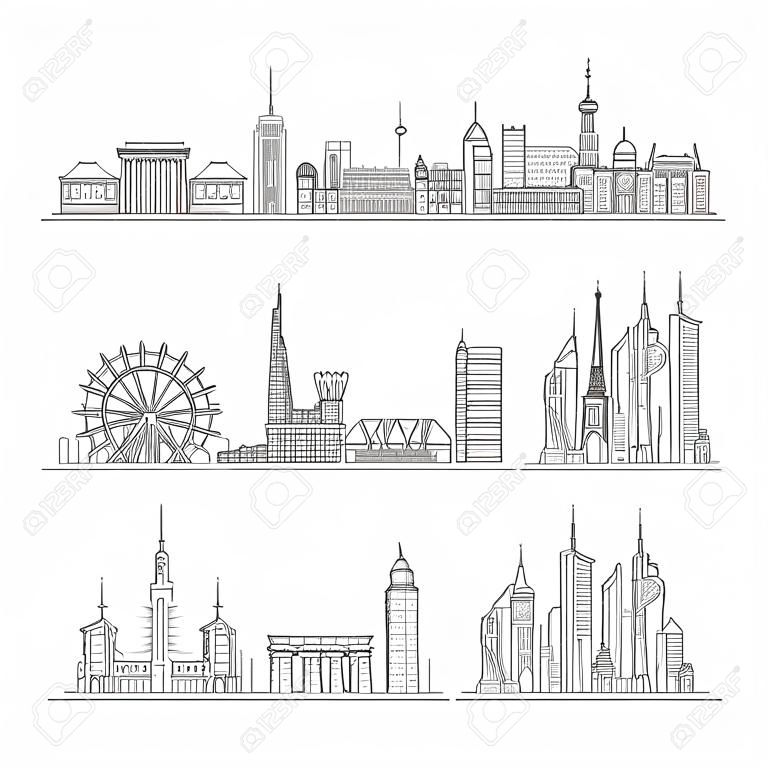 도시 스카이 라인을 설정합니다. 뉴욕, 런던, 파리, 베를린, 두바이, 상하이 벡터 일러스트 라인 아트 스타일