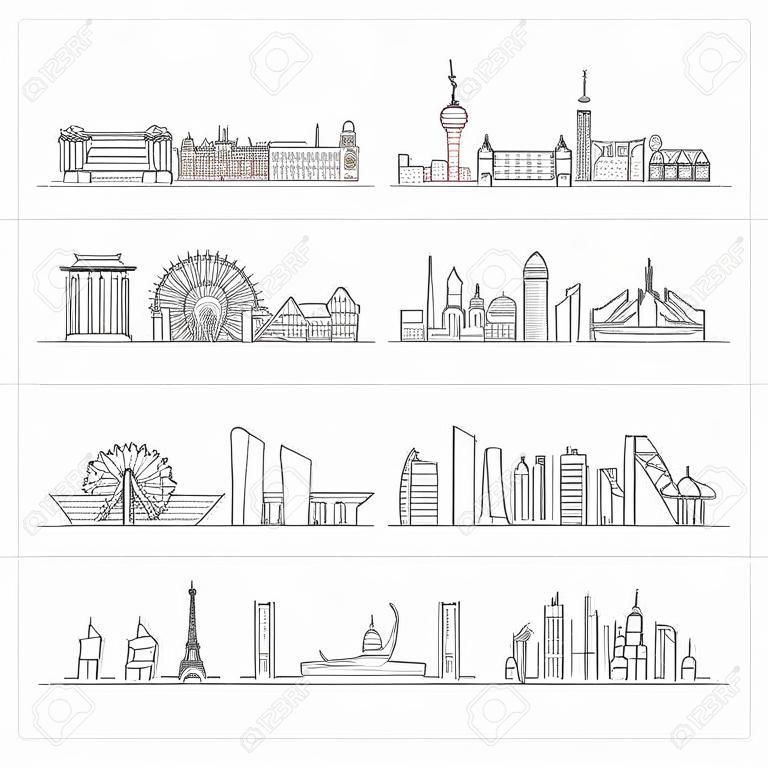 都市のスカイラインが設定されています。ニューヨーク、ロンドン、パリ、ベルリン、ドバイ、上海ベクトルイラストラインアートスタイル