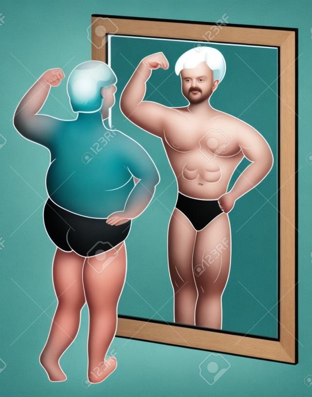 在镜子里看到自己不同的胖子