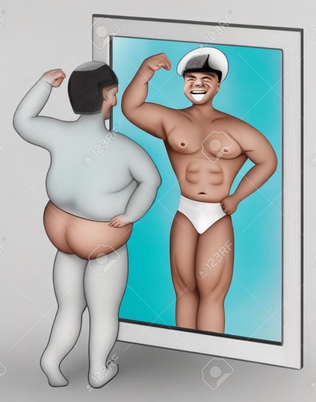 在镜子里看到自己不同的胖子