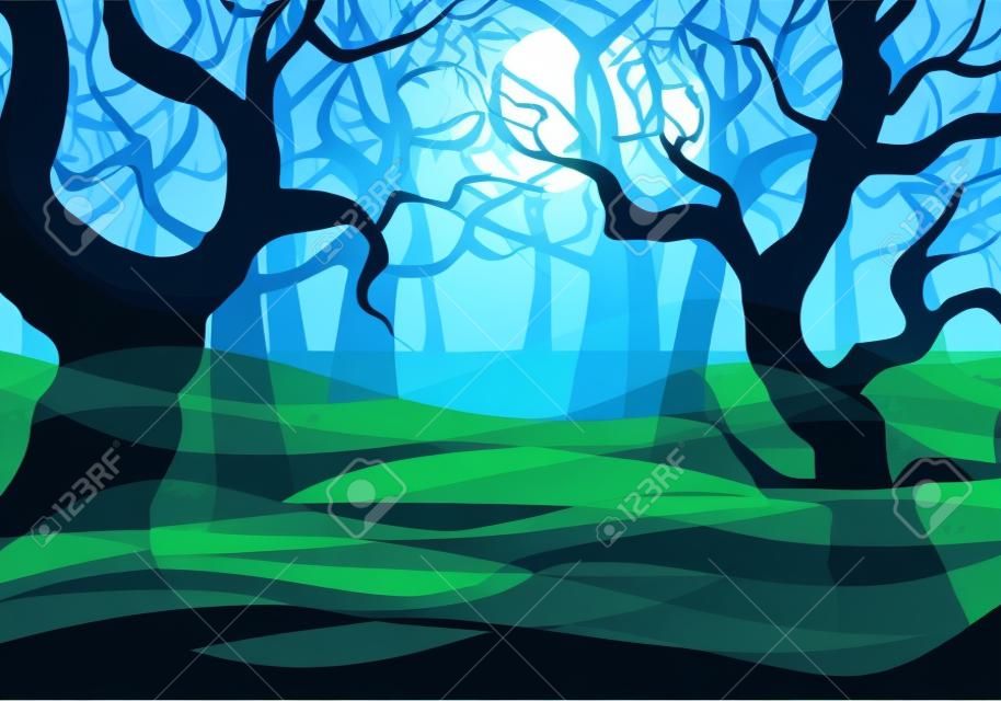 vektoros illusztráció egy sötét kísérteties erdő és telihold