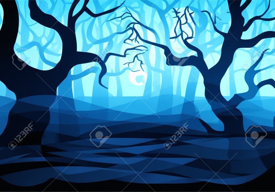 Vektor-Illustration von einem dunklen Wald gespenstisch und Vollmond