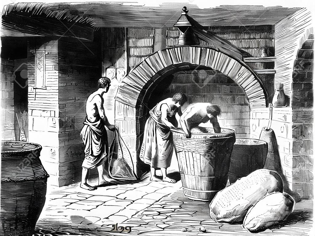 Victorian engraving of an ancient Roman bakery. Digitally restored image from a mid-19th century Encyclopaedia.