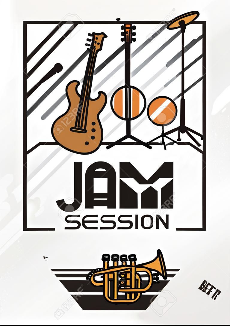 Jam Session Minimalistic Cool Line Art Event音乐海报。矢量设计。吉他，鼓和喇叭图标。