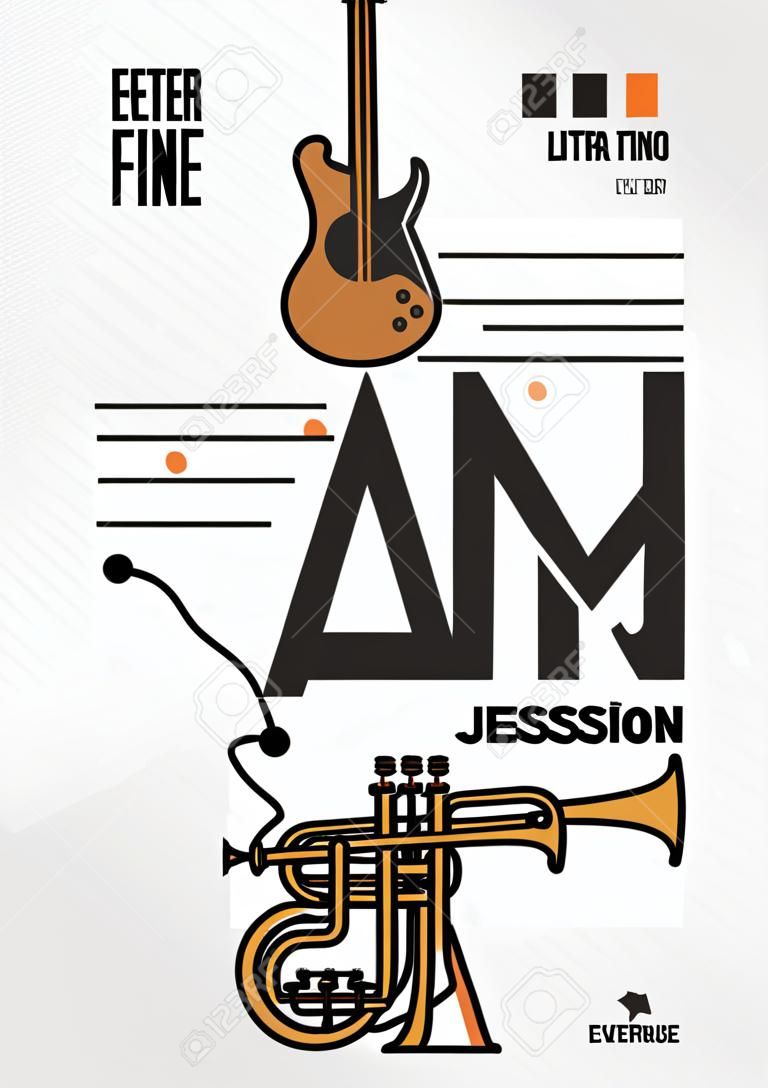 Jam Session minimalista Raffreddare Line Art Music Event Poster. Vector Design. Chitarra, batteria e tromba Icone.