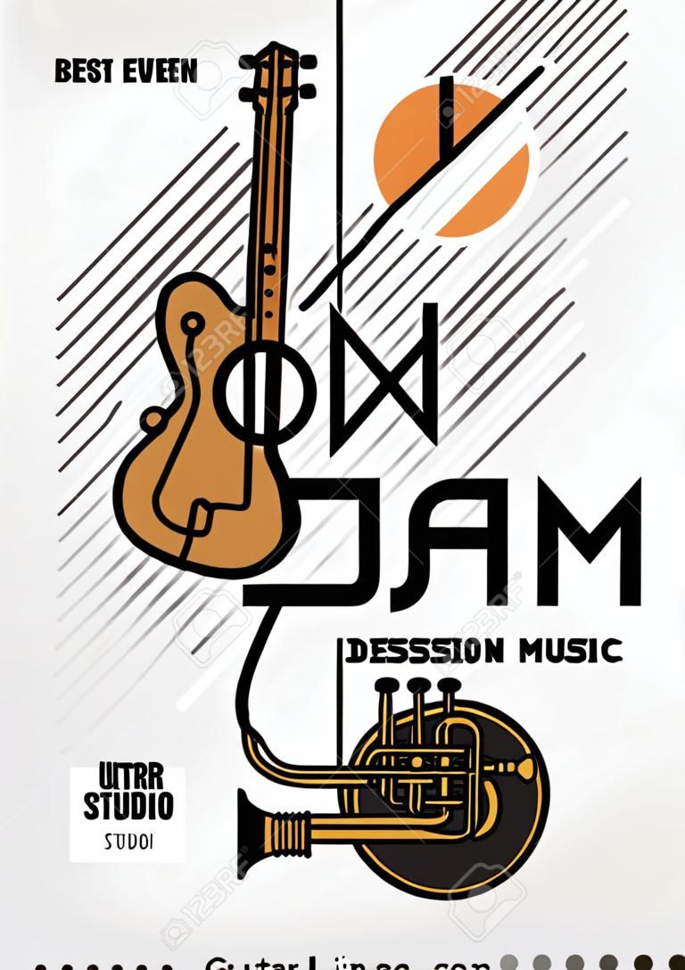 Jam Session Минималистичный Охладить Line Art Event Music Poster. Vector Design. Гитара, барабаны и трубы иконки.
