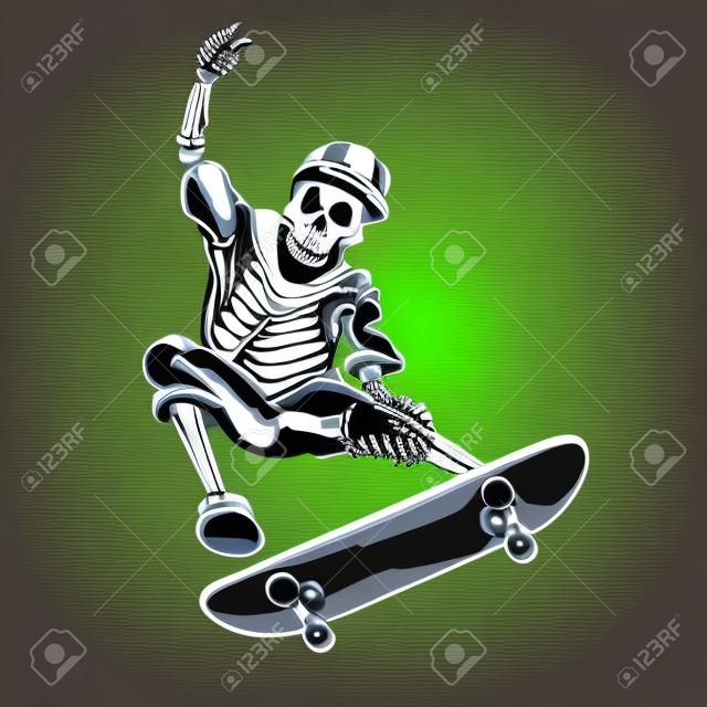 Illustrazione vettoriale di scheletro su skate board.