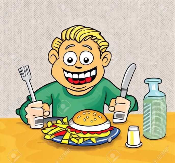 Cartoon of boy about to eat a hamburger and french fries