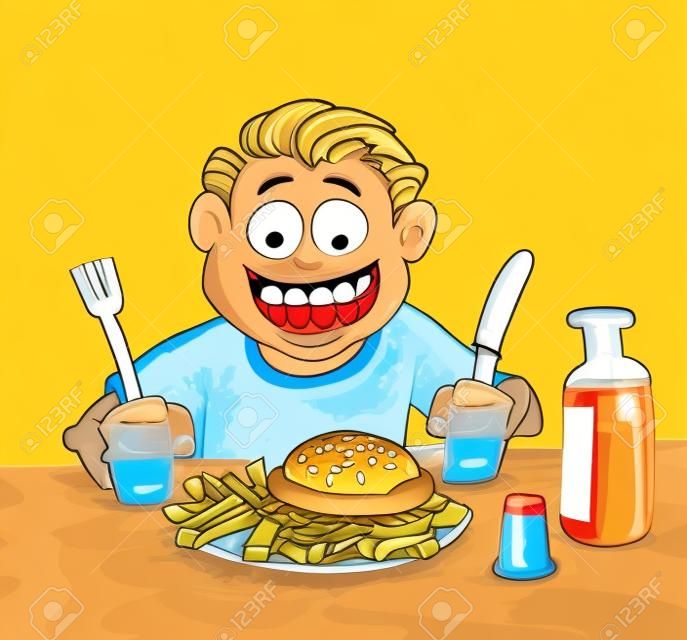 Cartoon of boy about to eat a hamburger and french fries