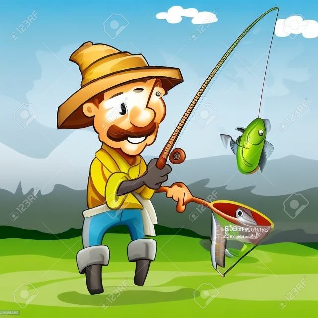 Pêcheur de Cartoon attraper un poisson. Il est standng dans une rivière.