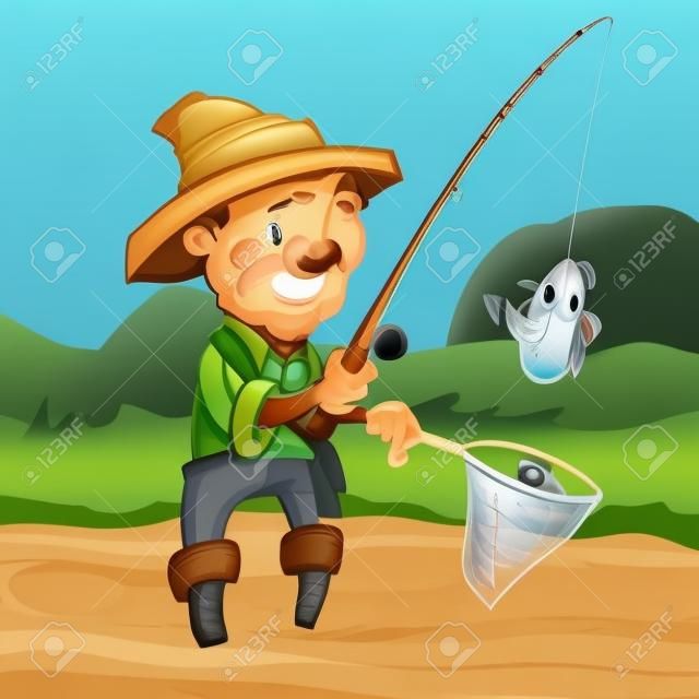 Pêcheur de Cartoon attraper un poisson. Il est standng dans une rivière.