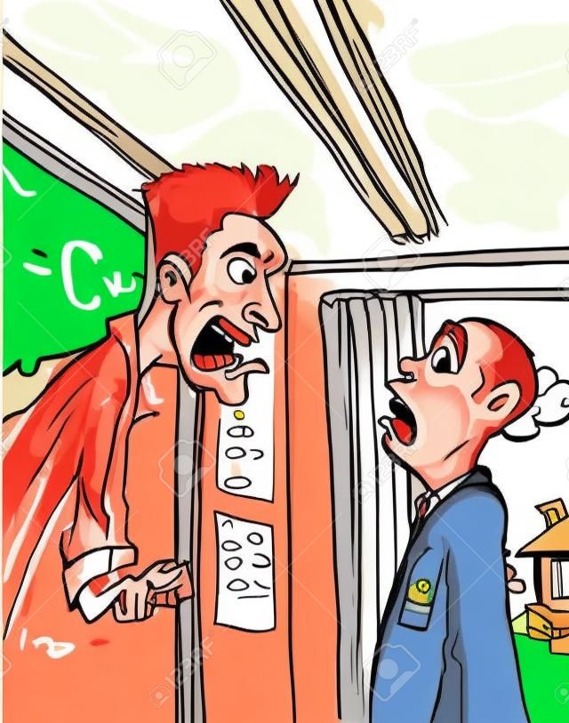Caricatura del profesor gritando a un alumno. Aula detrás