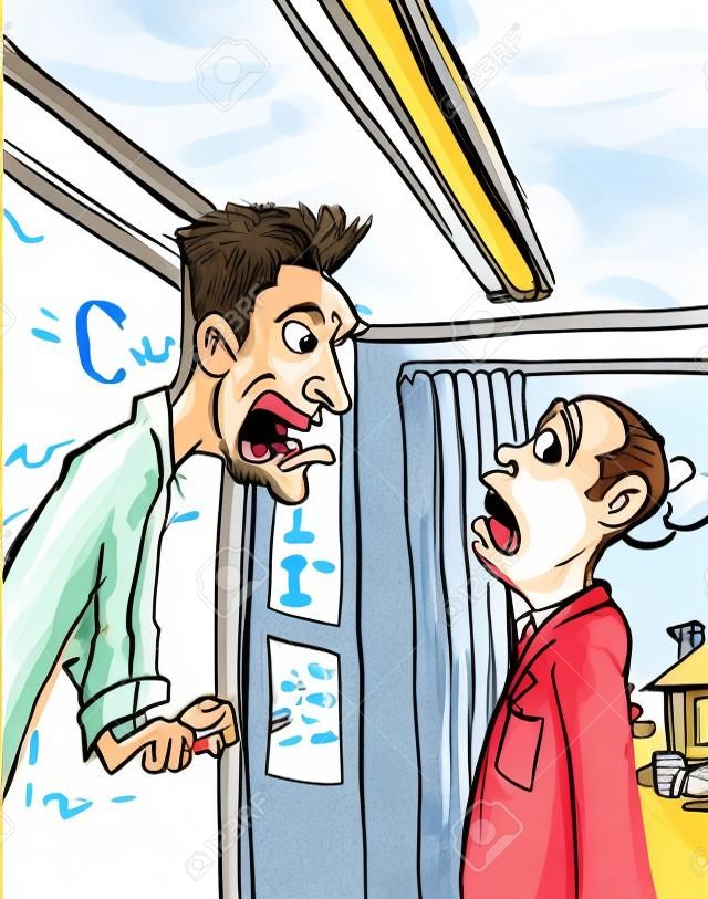 Caricatura del profesor gritando a un alumno. Aula detrás