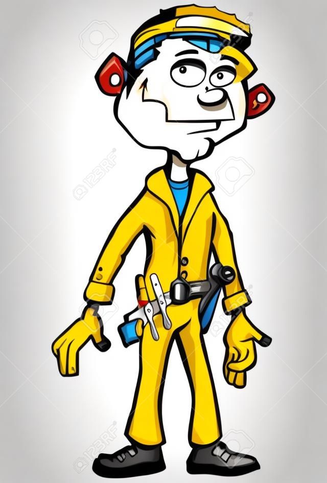 Cartoon handyman with tools. Isolated on white
