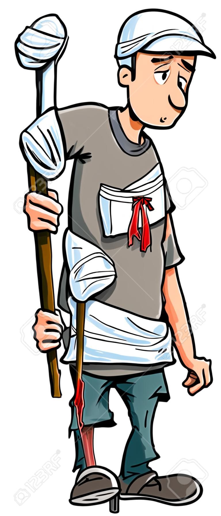 Cartoon injured man with walking stick and bandages. Isolated