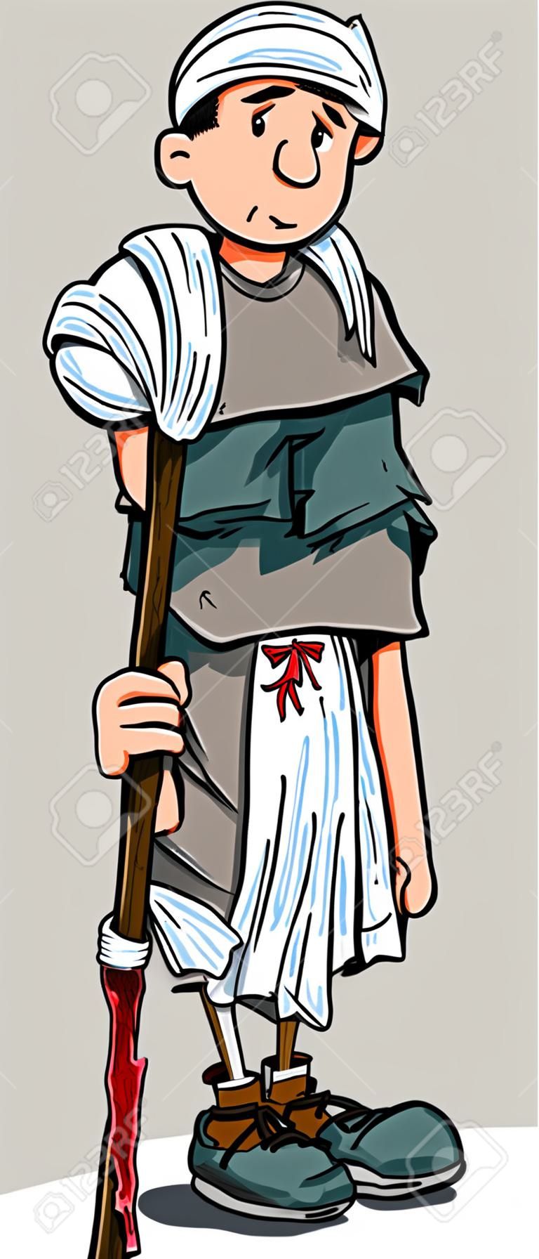 Cartoon injured man with walking stick and bandages. Isolated