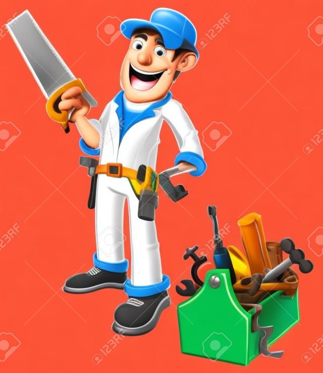 Cartoon handyman with toolbox. Isolated on white