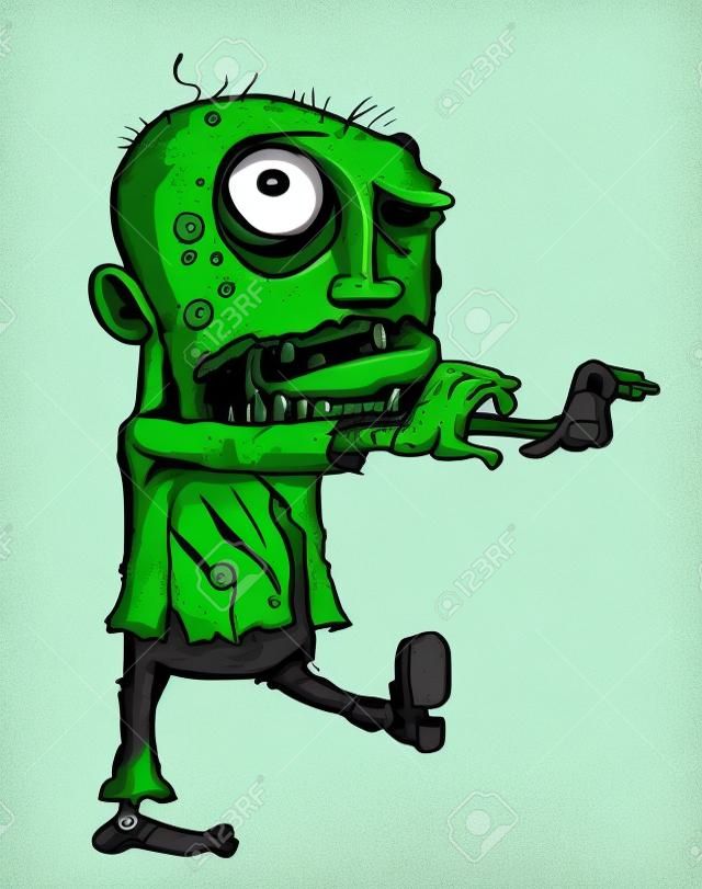 Cartoon illustratie van een ghoulish ondode groene zombie in versleten kleding met een schedel-achtige gezicht en grottend gloeiend oog, geïsoleerd op wit