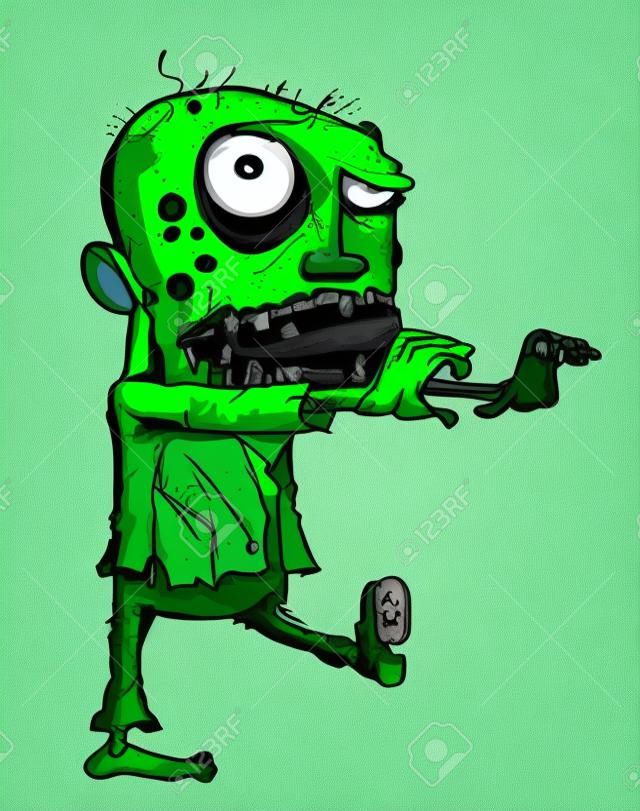 Ilustración de dibujos animados de un zombie undead verde horrible en la ropa hecha jirones con una cara de calavera y los ojos brillando cavernoso, aislado en blanco