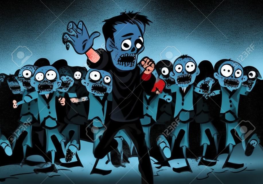 Grande folla di zombie non-morti macabri perseguire un uomo che correva in fuga per la sua LFE dopo trovano un sopravvissuto dell'apocalisse zombie, cartoon illustrazione
