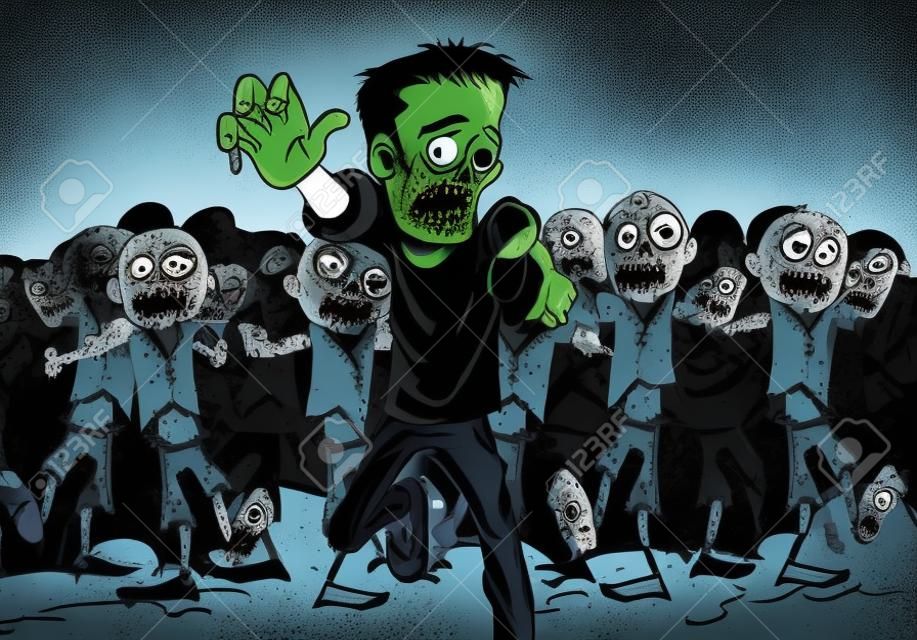 Large crowd of ghoulish undead zombies pursue a running man fleeing for his lfe after they find a lone survivor of the Zombie Apocalypse, cartoon illustration