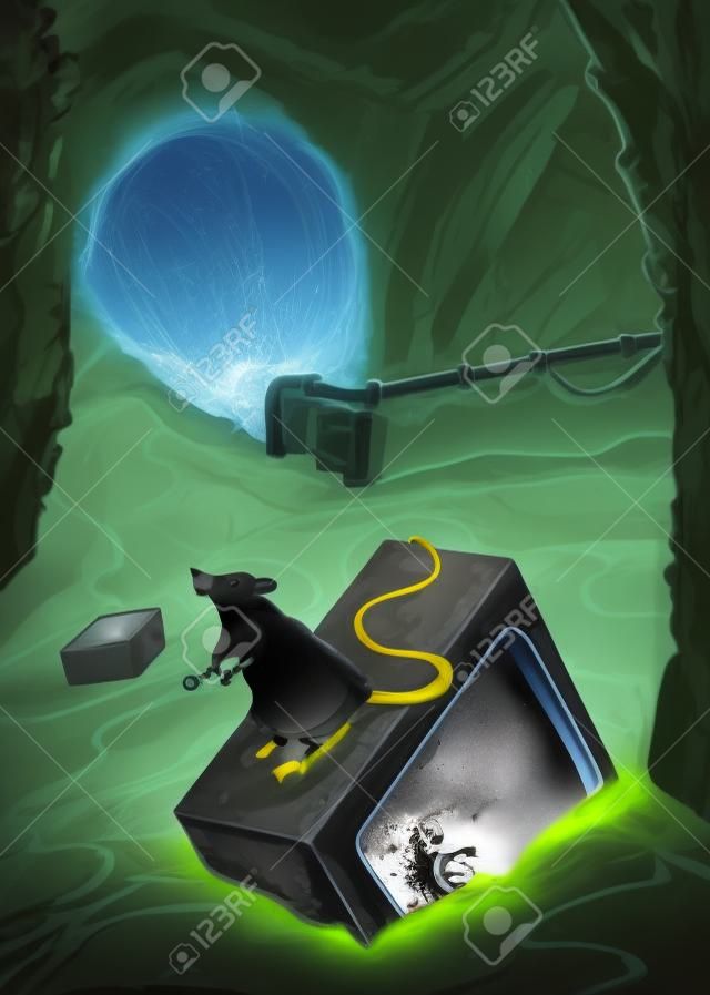 Sewer illustration with broken tv floating in the sewer with a big rat