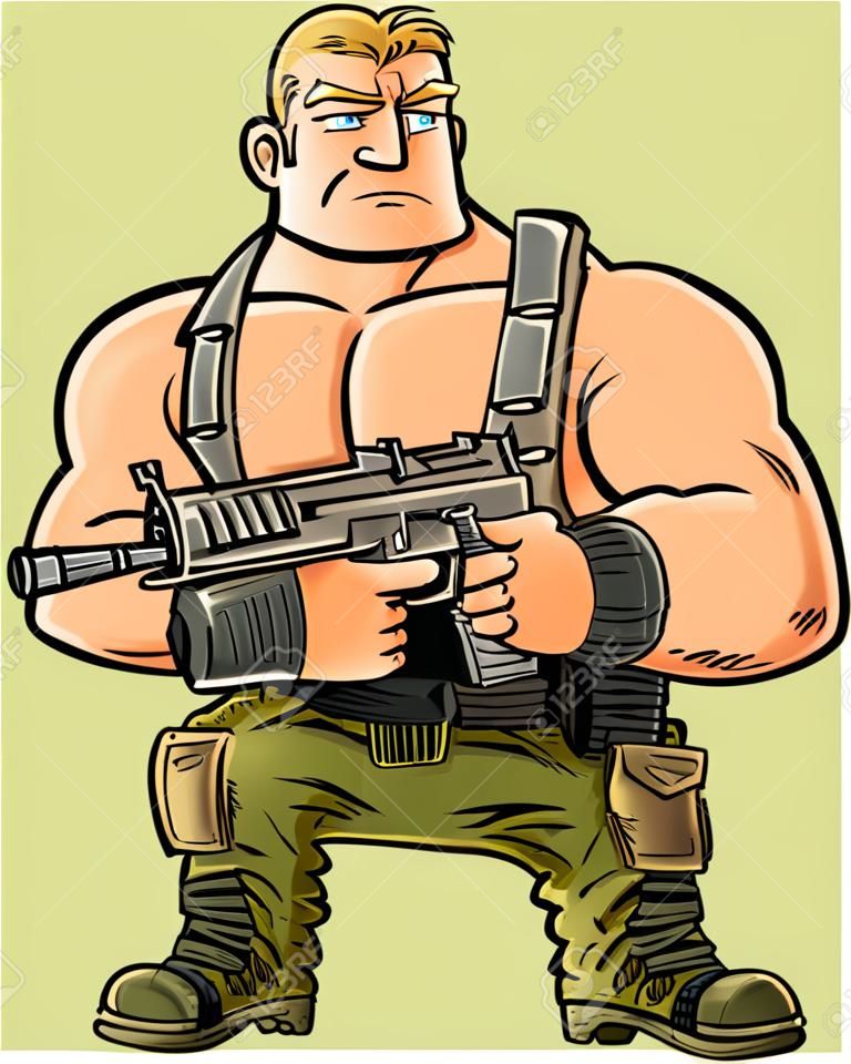 Cartoon muscle soldier with big machine gun. Isolated