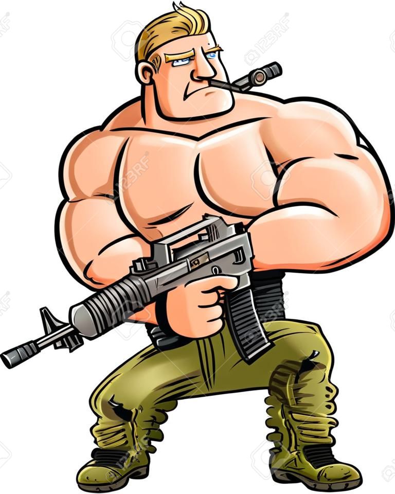 Cartoon spier soldaat met grote machinegeweer. Geïsoleerd