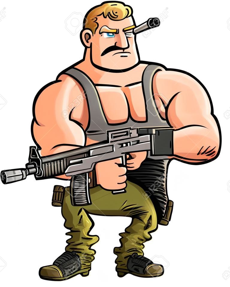 Cartoon spier soldaat met grote machinegeweer. Geïsoleerd
