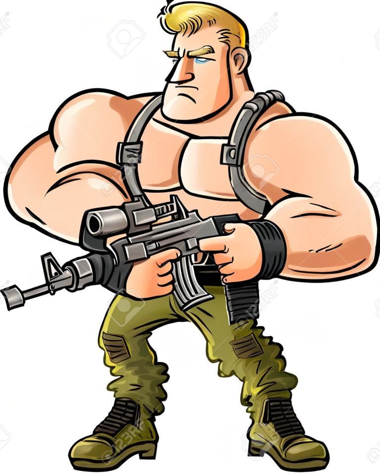 Cartoon muscle soldier with big machine gun. Isolated