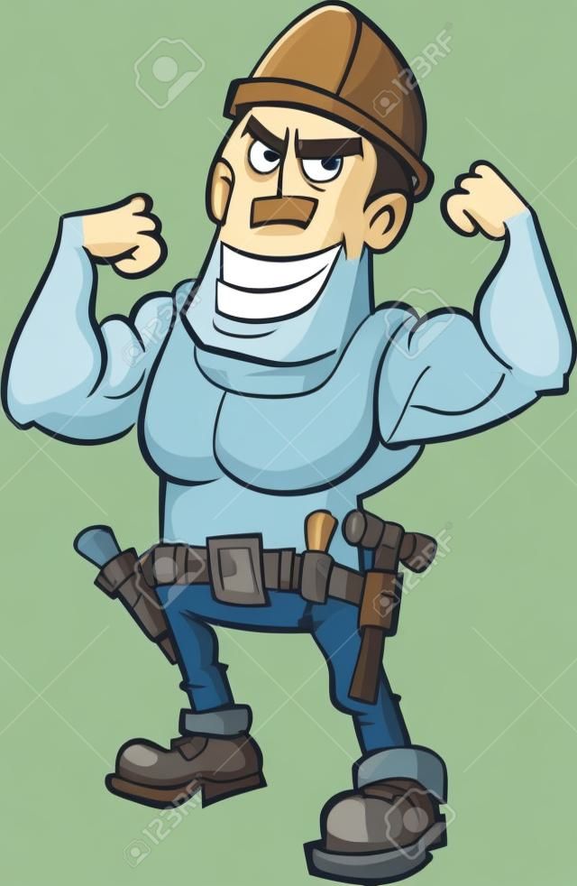 Cartoon worker flexing his muscles. Isolated