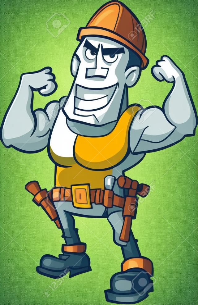 Cartoon worker flexing his muscles. Isolated