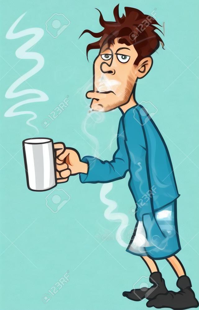 Cartoon youth who has just woken up. He has coffee and a cigarette