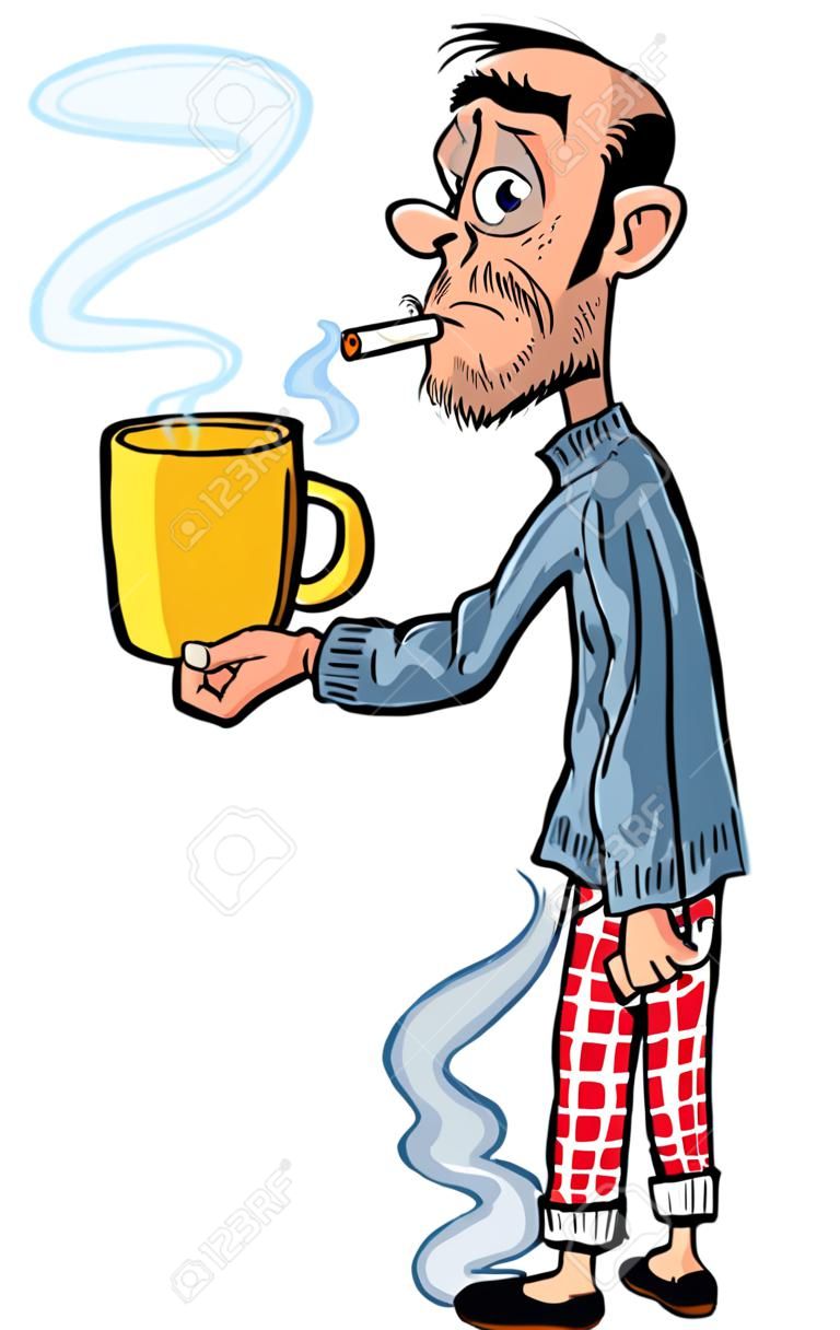 Cartoon youth who has just woken up. He has coffee and a cigarette