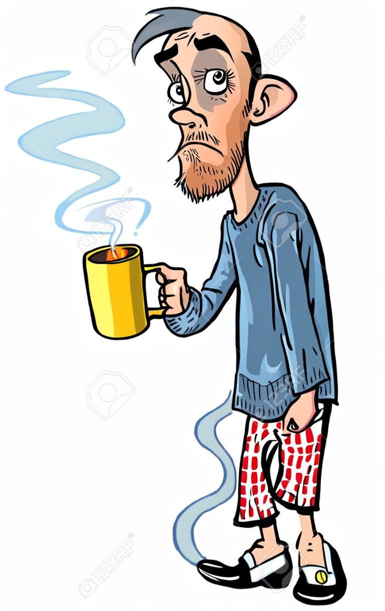 Młodzieży kreskówki, który właśnie się obudziła. Ma kawę i papierosa