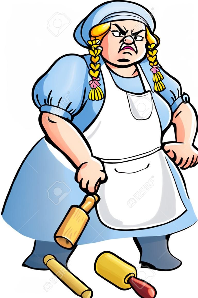 Cartoon angry woman with rolling pin. 