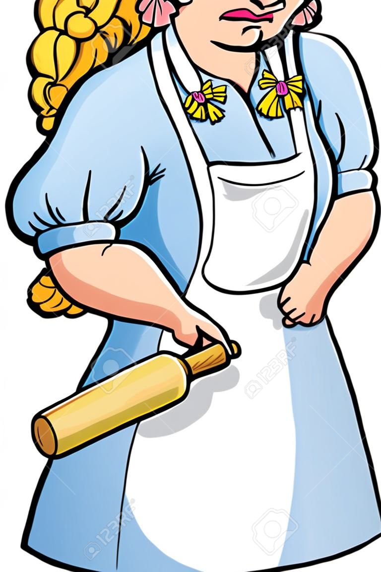 Cartoon angry woman with rolling pin. 