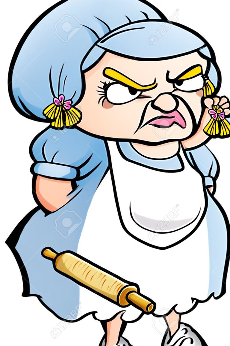 Mujer enojada de la historieta con un rodillo.