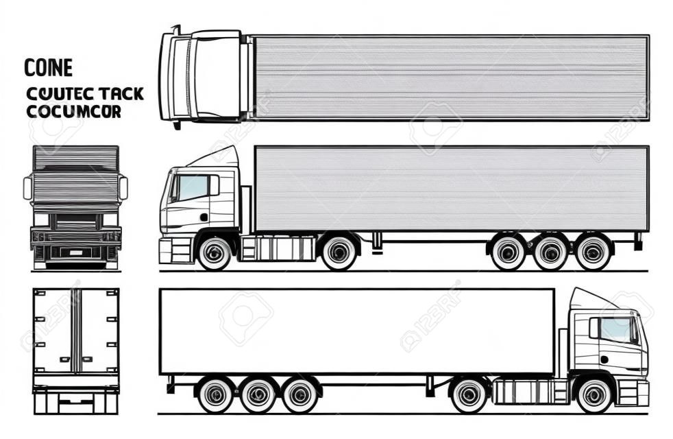 Kontur wektor ciężarówki naczepy do kolorowania książki. odosobniona ciężarówka, puste miejsce. rysunek linii pojazdu towarowego; naczepa na białym tle. widok z boku, z przodu, z tyłu, z góry. wektor eps-10.