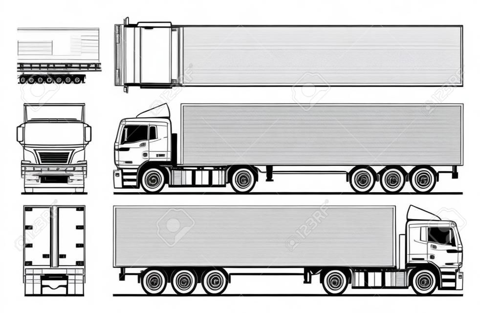 Contour semi trailer vrachtwagen vector voor kleurboek. Geïsoleerde vrachtwagen, lege ruimte. Lijn tekening van een vrachtvoertuig; oplegger op witte achtergrond. Uitzicht van zijkant, voorkant, achterkant, bovenkant. Vector EPS-10.