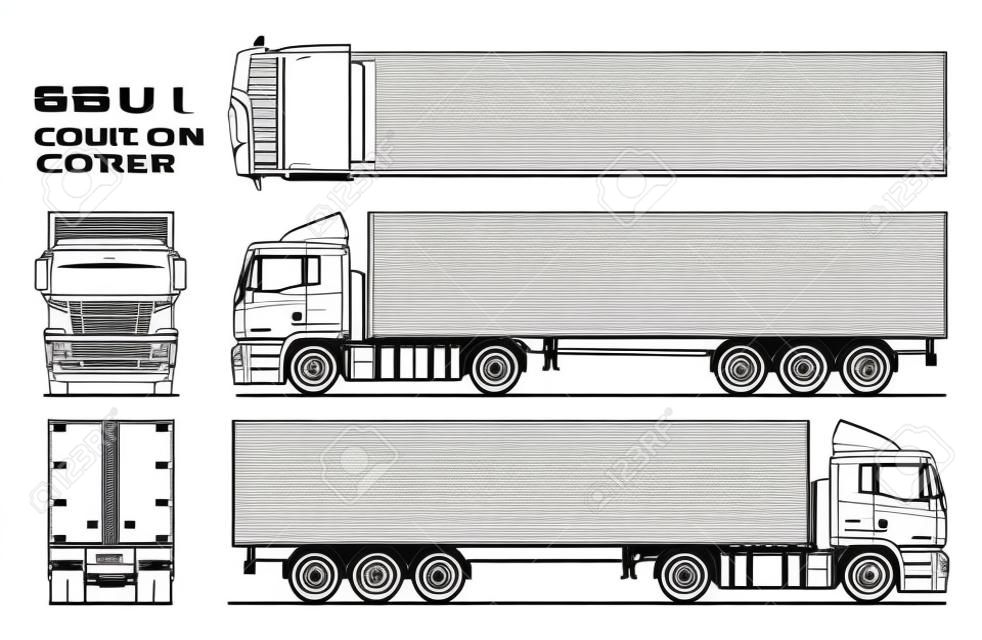 Contour semi trailer vrachtwagen vector voor kleurboek. Geïsoleerde vrachtwagen, lege ruimte. Lijn tekening van een vrachtvoertuig; oplegger op witte achtergrond. Uitzicht van zijkant, voorkant, achterkant, bovenkant. Vector EPS-10.