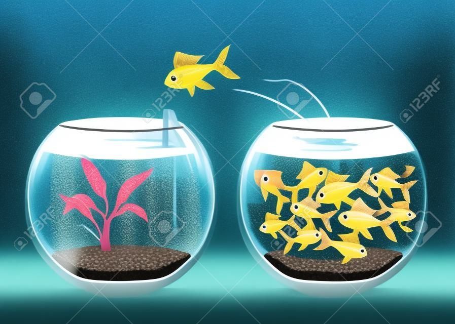 插圖魚跳躍出擁擠的水族館到一個新的生命
