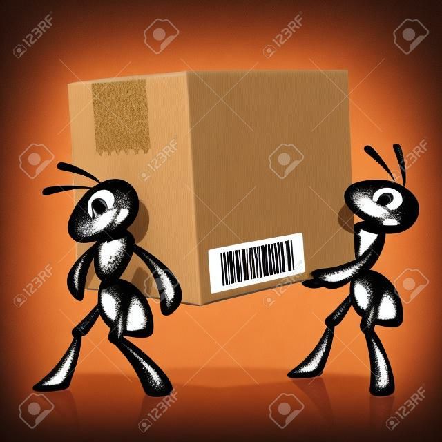 Муравьи Доставка Две черные муравьи несут большую картонную коробку с штрих-кодом