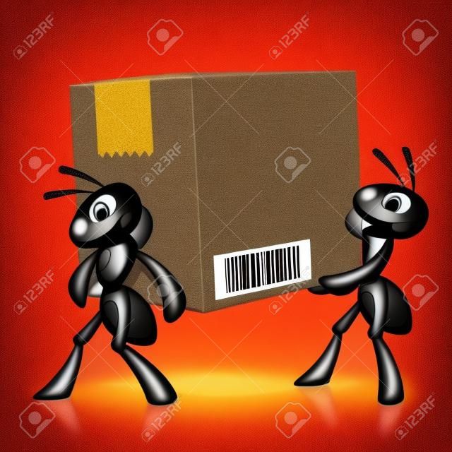 Муравьи Доставка Две черные муравьи несут большую картонную коробку с штрих-кодом