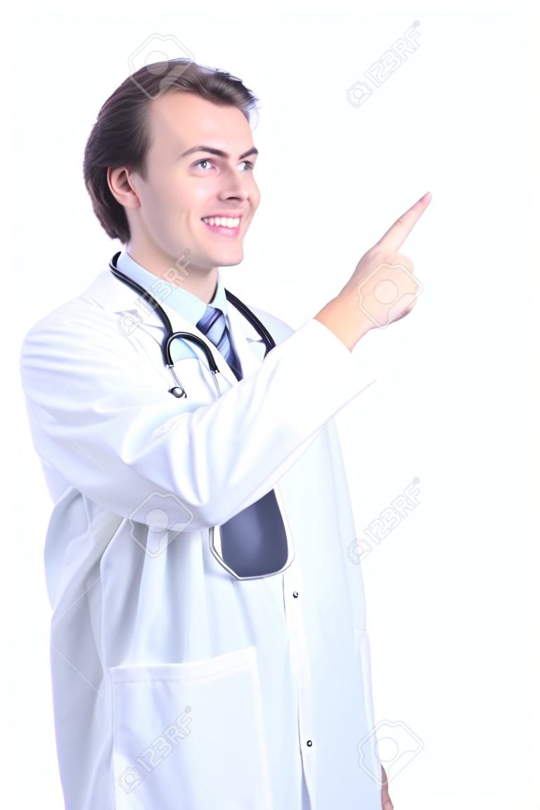 Dokter man met een advies gericht op de zijkant geïsoleerd op een witte