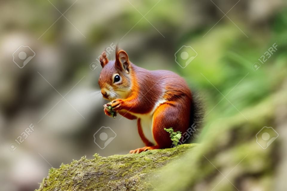 Profile of red squirrel eating over rock with green vegetation background