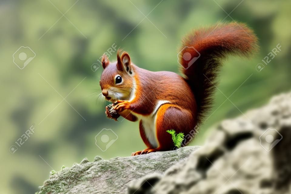 Profil wiewiórki czerwonej jedzącej nad skałą z zielonym tłem roślinności