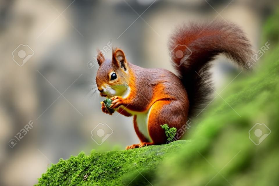 Profilo di scoiattolo rosso che mangia su roccia con sfondo di vegetazione verde