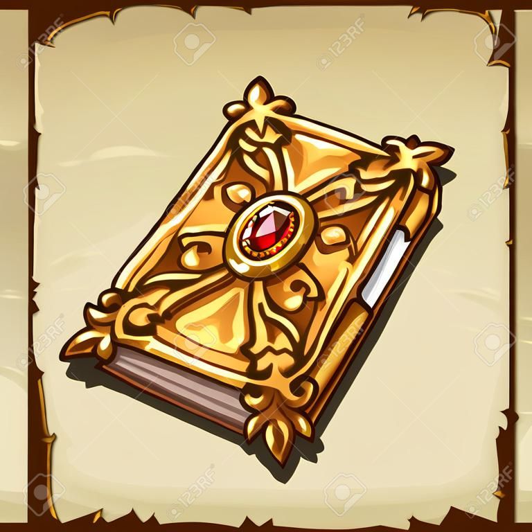 Ancient magic book in a gold cover with ruby gem, cartoon item