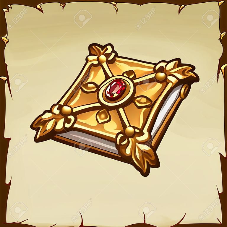 Ancient magic book in a gold cover with ruby gem, cartoon item